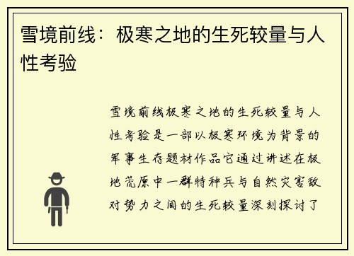 雪境前线：极寒之地的生死较量与人性考验